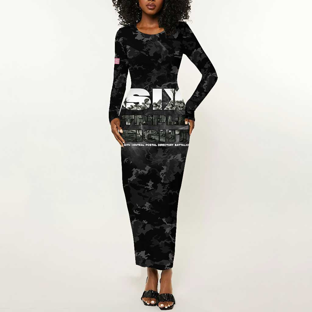 African American Heroes Long Sleeve Bodycon Dress Six Triple Eight - Camo Style