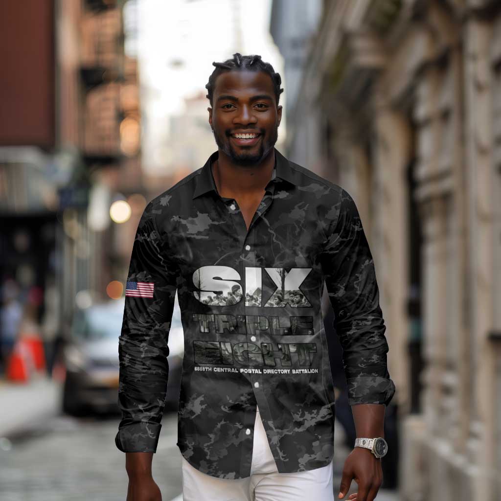 African American Heroes Long Sleeve Button Shirt Six Triple Eight - Camo Style