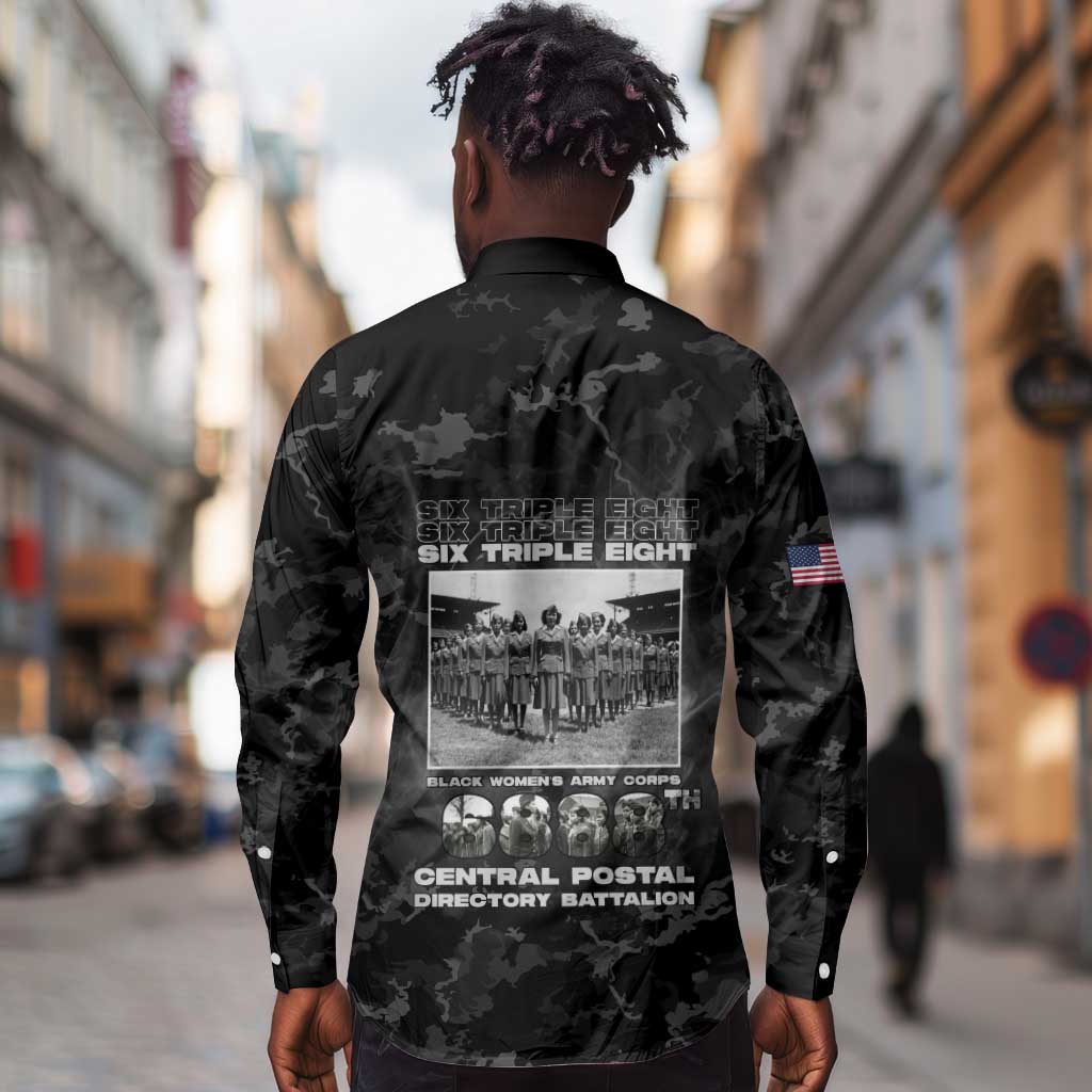 African American Heroes Long Sleeve Button Shirt Six Triple Eight - Camo Style