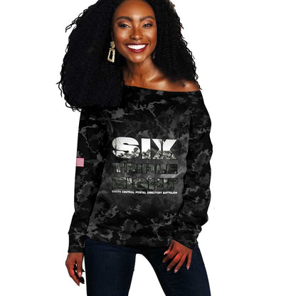 African American Heroes Off Shoulder Sweater Six Triple Eight - Camo Style