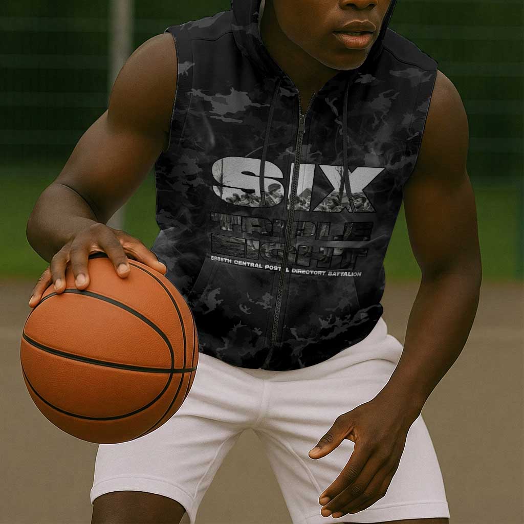 African American Heroes Sleeveless Zip Hoodie Six Triple Eight - Camo Style
