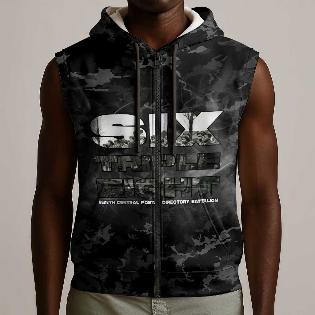 African American Heroes Sleeveless Zip Hoodie Six Triple Eight - Camo Style