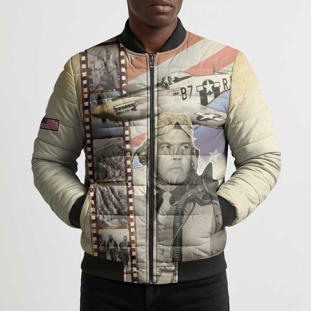 Tuskegee Airmen Bomber Puffer Jacket Red Tail Legacy Film Striped Style