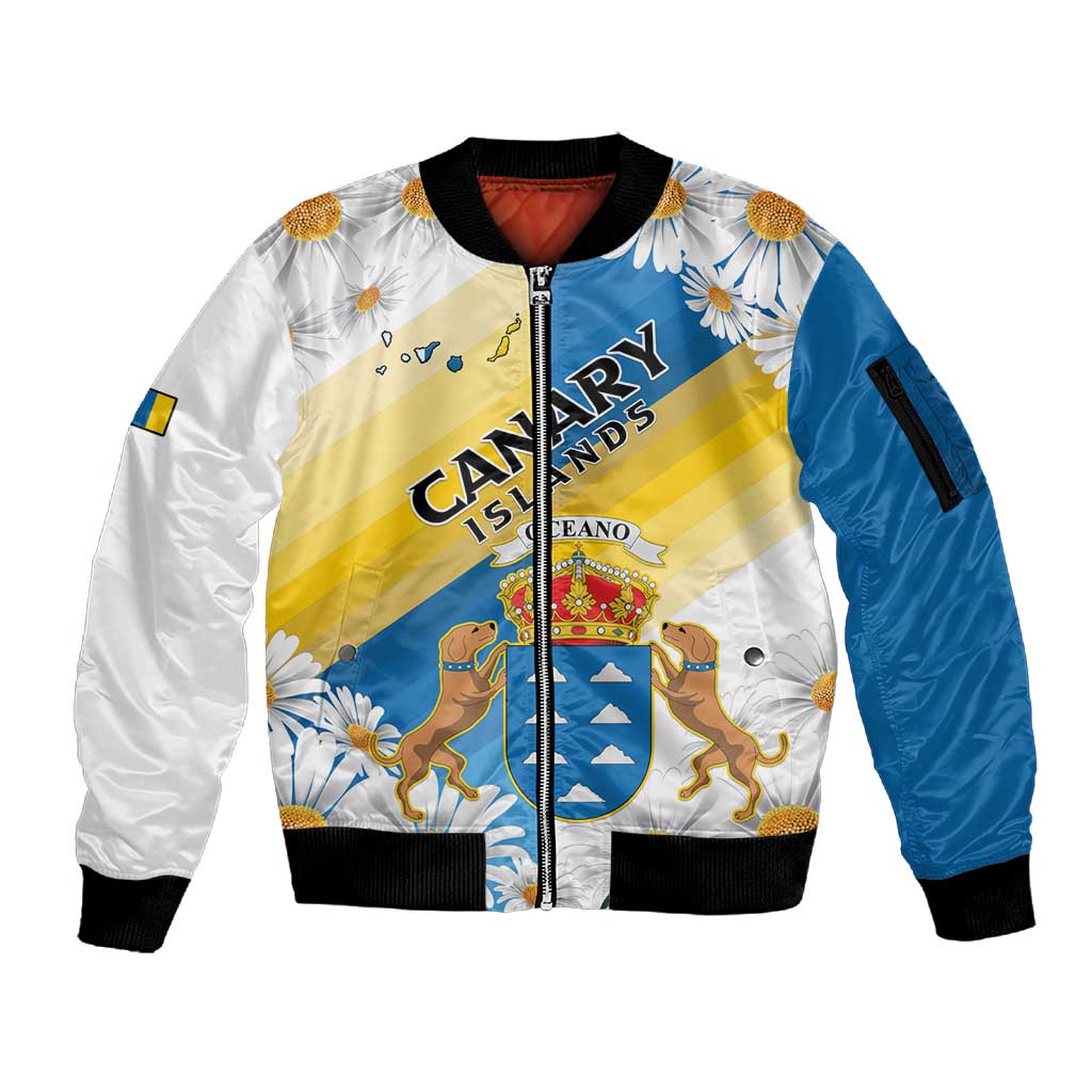 Personalized Canary Islands Sleeve Zip Bomber Jacket Coat Of Arms Argyranthemum Frutescens