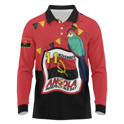 Happy Angola Independence Day Long Sleeve Polo Shirt With Red-crested Turaco - African Pride