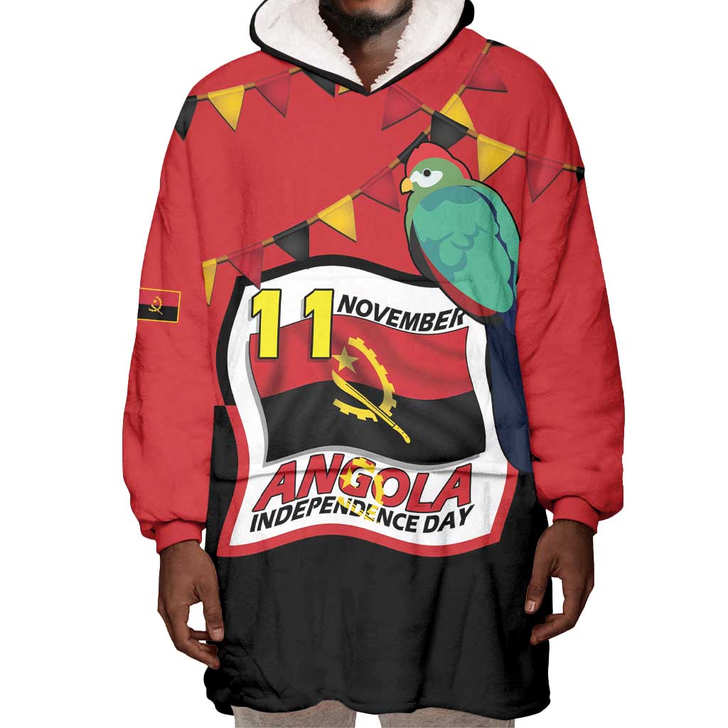 Happy Angola Independence Day Wearable Blanket Hoodie With Red-crested Turaco - African Pride