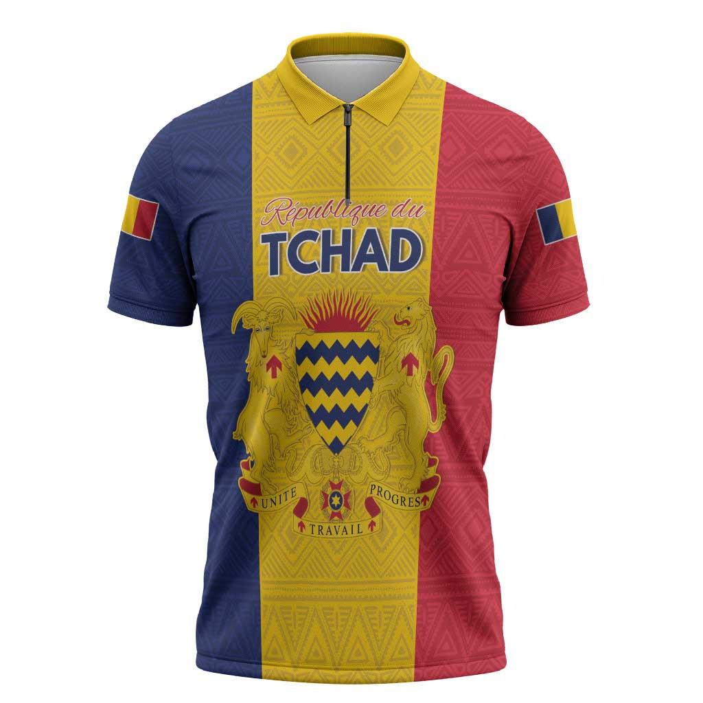 Personalized Chad Zipper Polo Shirt Coat Of Arms - Flag Style