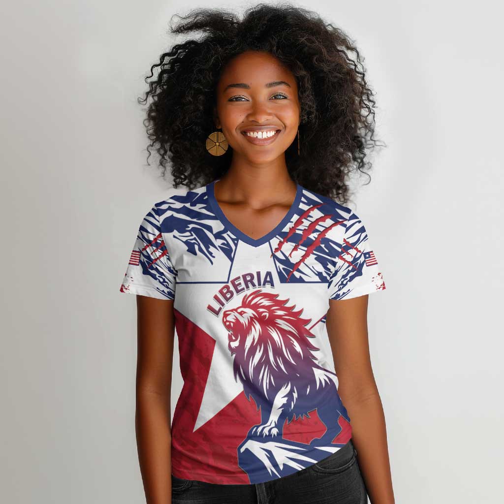 Personalised Afro Liberia Women V-Neck T-Shirt African King Lion - Grunge Style