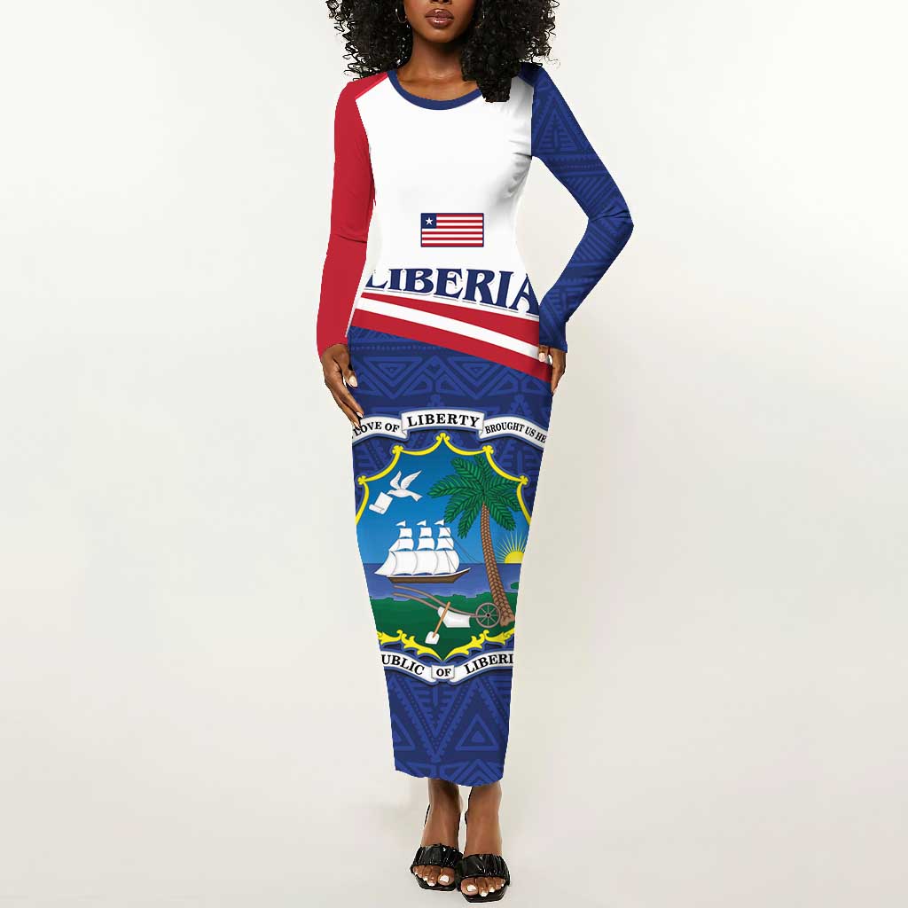 Personalised Liberia African Long Sleeve Bodycon Dress Coat Of Arms Flag LT15