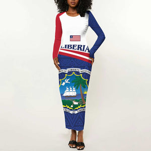 Personalised Liberia African Long Sleeve Bodycon Dress Coat Of Arms Flag