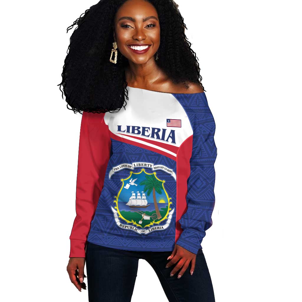 Personalised Liberia African Off Shoulder Sweater Coat Of Arms Flag