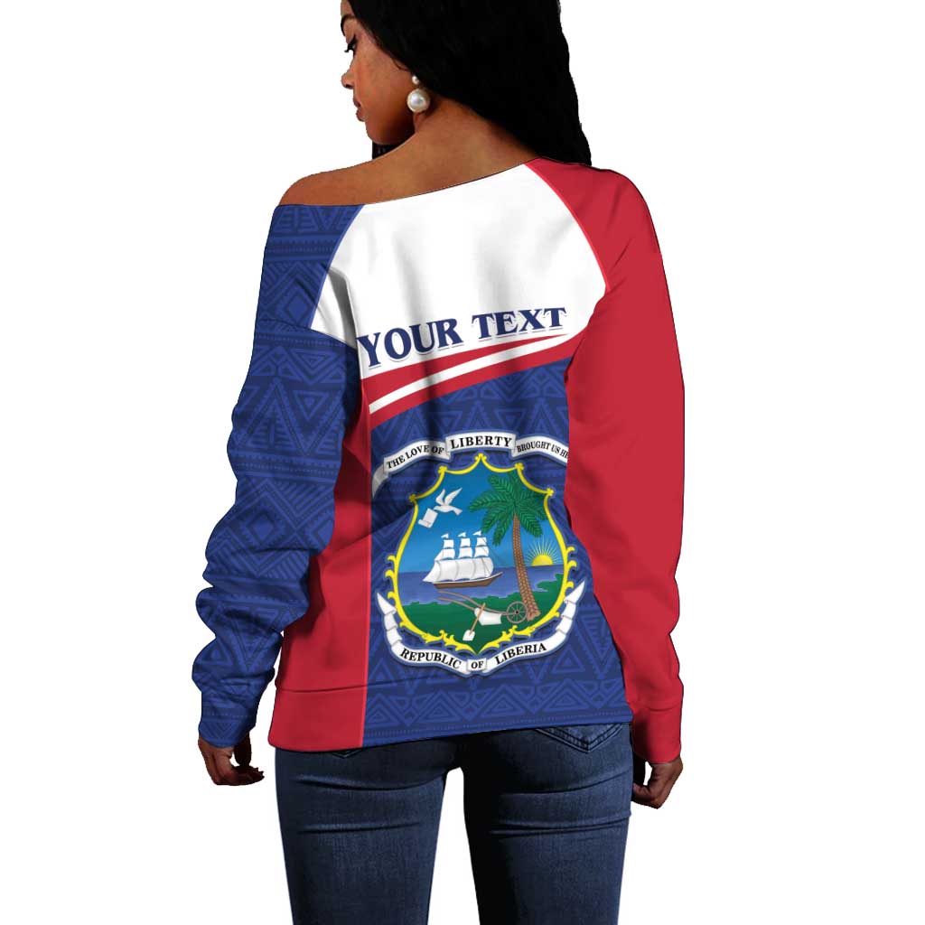 Personalised Liberia African Off Shoulder Sweater Coat Of Arms Flag