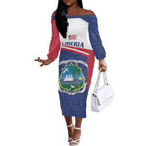 Personalised Liberia African Off The Shoulder Long Sleeve Dress Coat Of Arms Flag