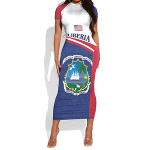 Personalised Liberia African Short Sleeve Bodycon Dress Coat Of Arms Flag