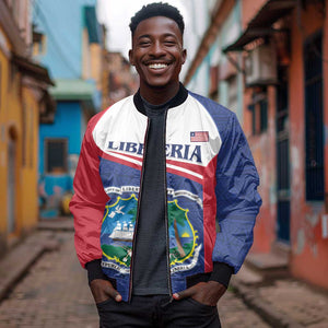 Personalised Liberia African Sleeve Zip Bomber Jacket Coat Of Arms Flag