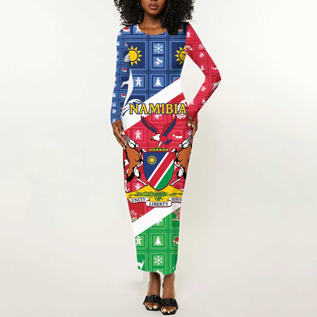 Afro Namibia Long Sleeve Bodycon Dress Coat Of Arms Christmas Style