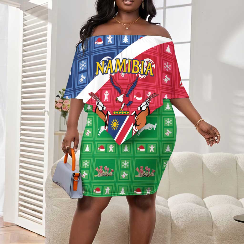 Afro Namibia Off Shoulder Short Dress Coat Of Arms Christmas Style