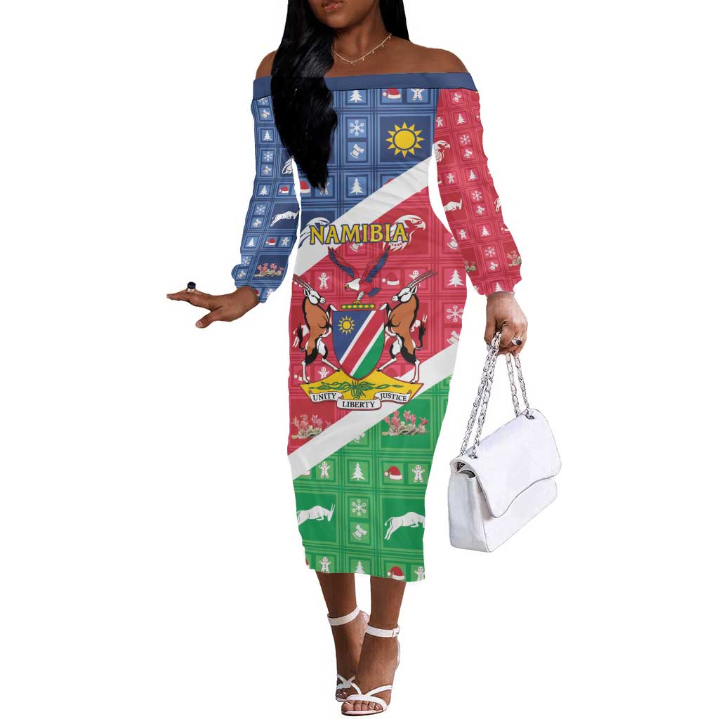 Afro Namibia Off The Shoulder Long Sleeve Dress Coat Of Arms Christmas Style