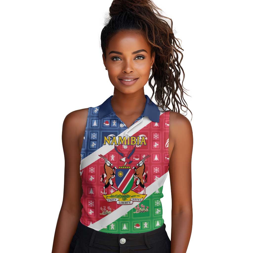 Afro Namibia Women Sleeveless Polo Shirt Coat Of Arms Christmas Style