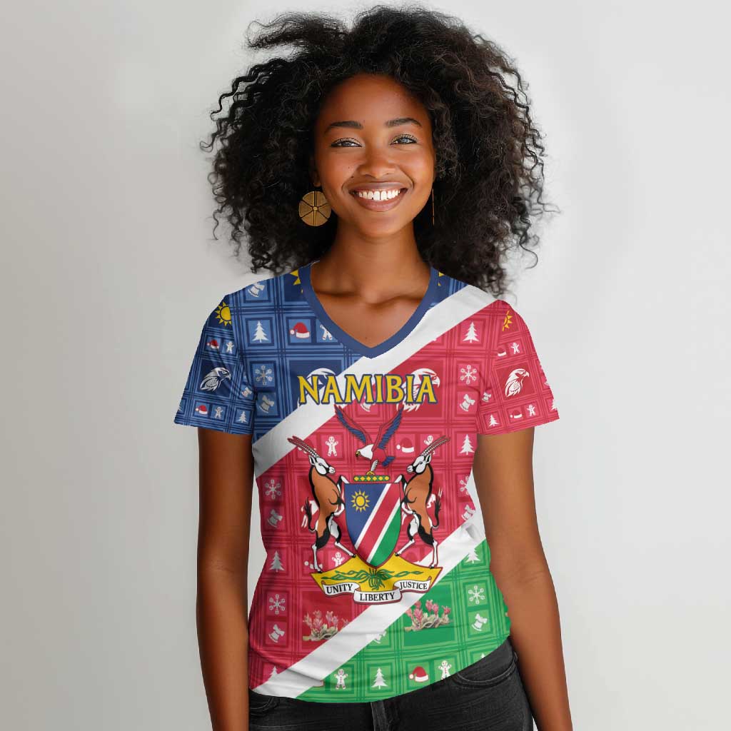 Afro Namibia Women V-Neck T-Shirt Coat Of Arms Christmas Style