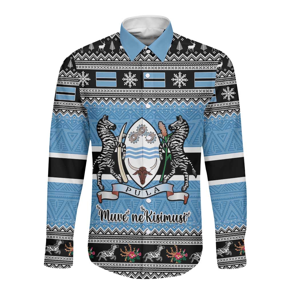 Afro Botswana Christmas Long Sleeve Button Shirt Coat Of Arms - African Pattern