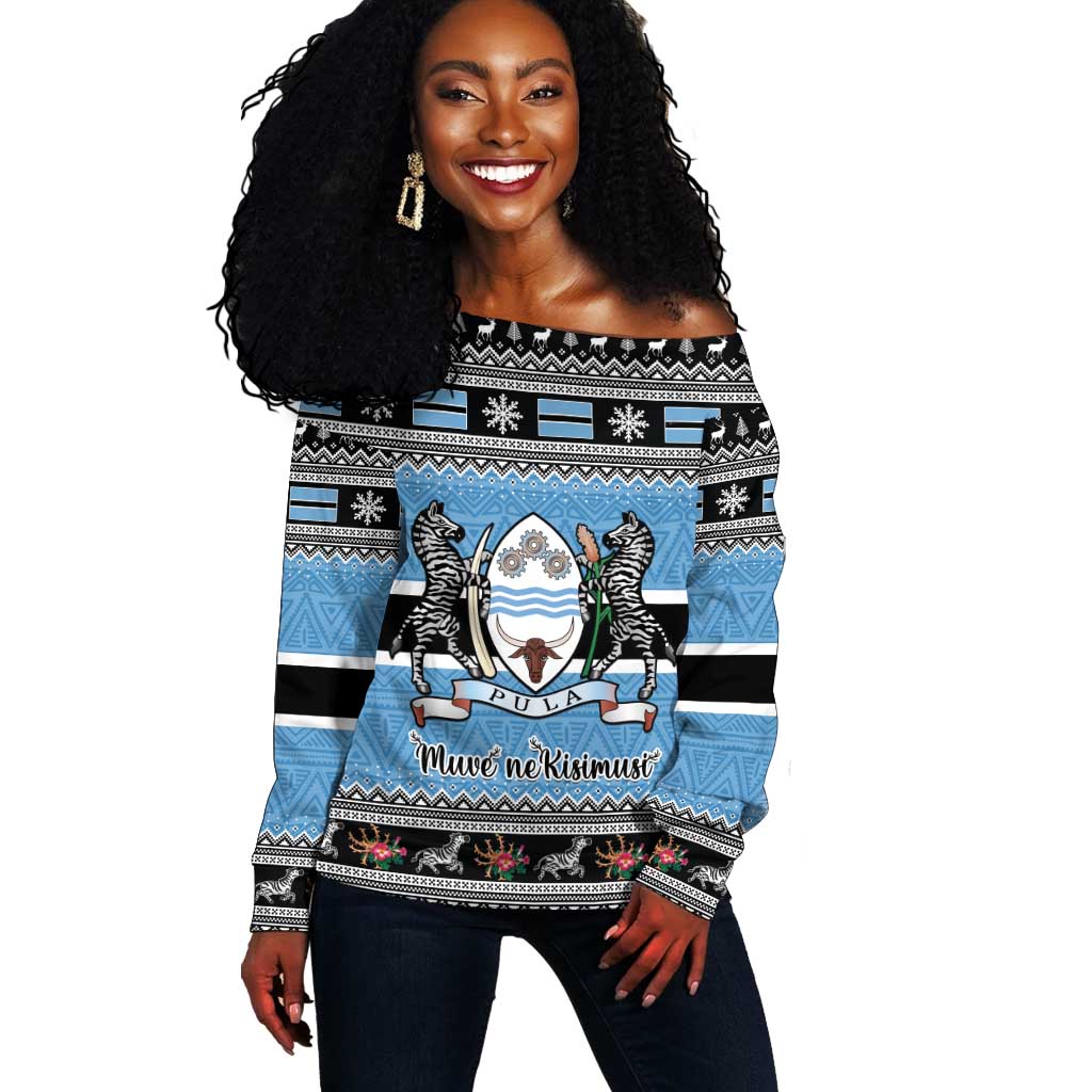 Afro Botswana Christmas Off Shoulder Sweater Coat Of Arms - African Pattern