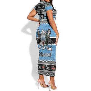 Afro Botswana Christmas Short Sleeve Bodycon Dress Coat Of Arms - African Pattern