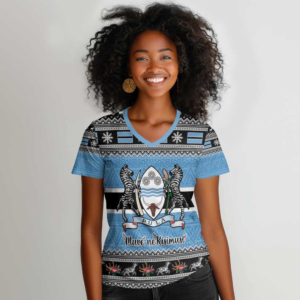 Afro Botswana Christmas Women V-Neck T-Shirt Coat Of Arms - African Pattern