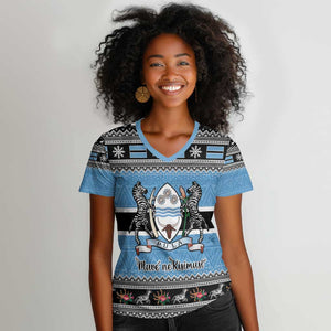 Afro Botswana Christmas Women V-Neck T-Shirt Coat Of Arms - African Pattern