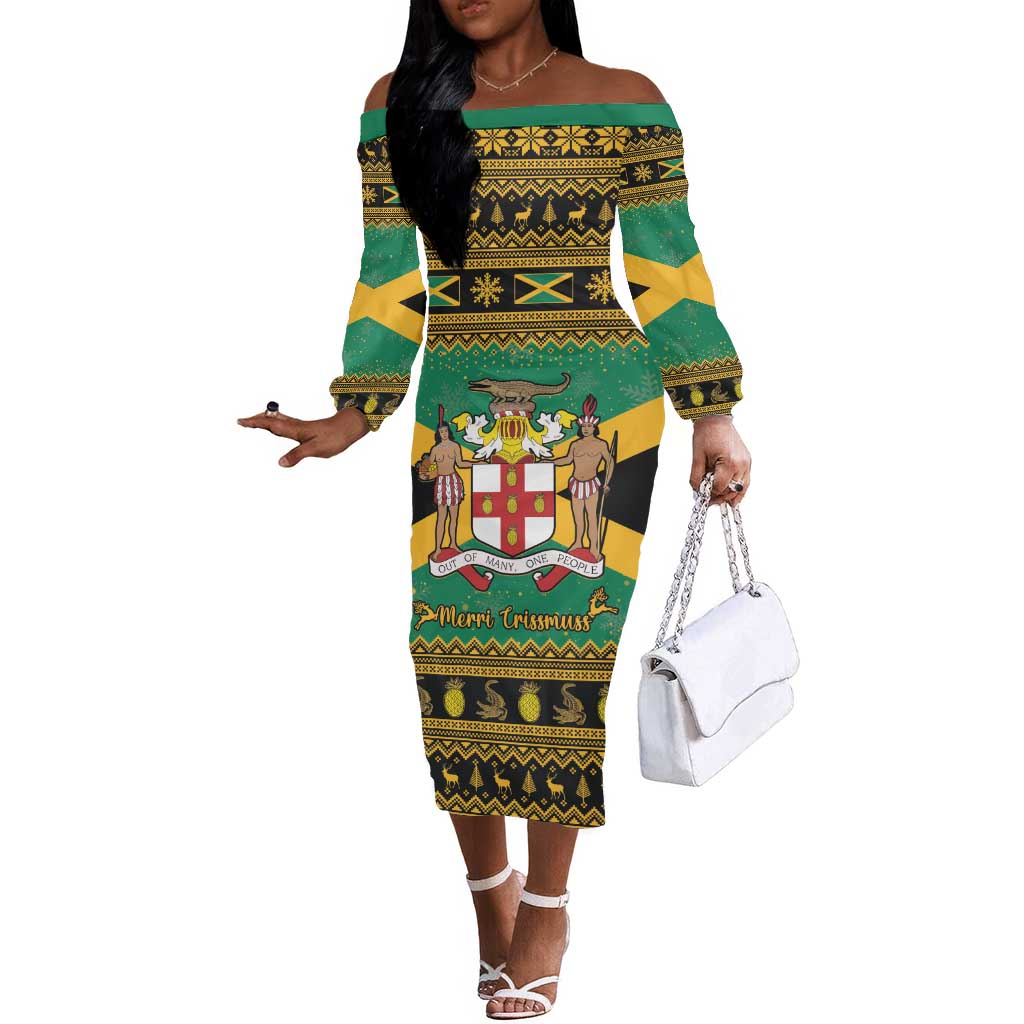 Afro-Jamaicans Off The Shoulder Long Sleeve Dress Coat Of Arms - Merry Christmas