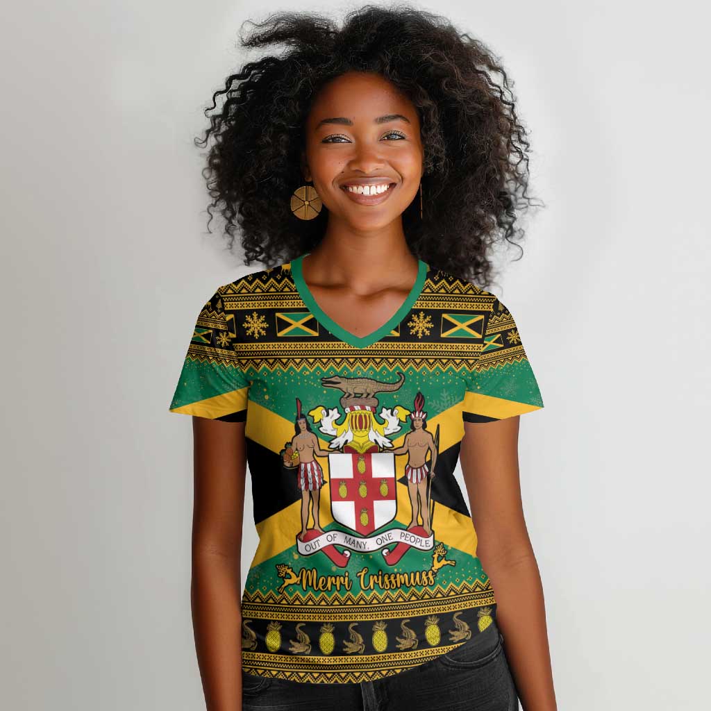 Afro-Jamaicans Women V-Neck T-Shirt Coat Of Arms - Merry Christmas