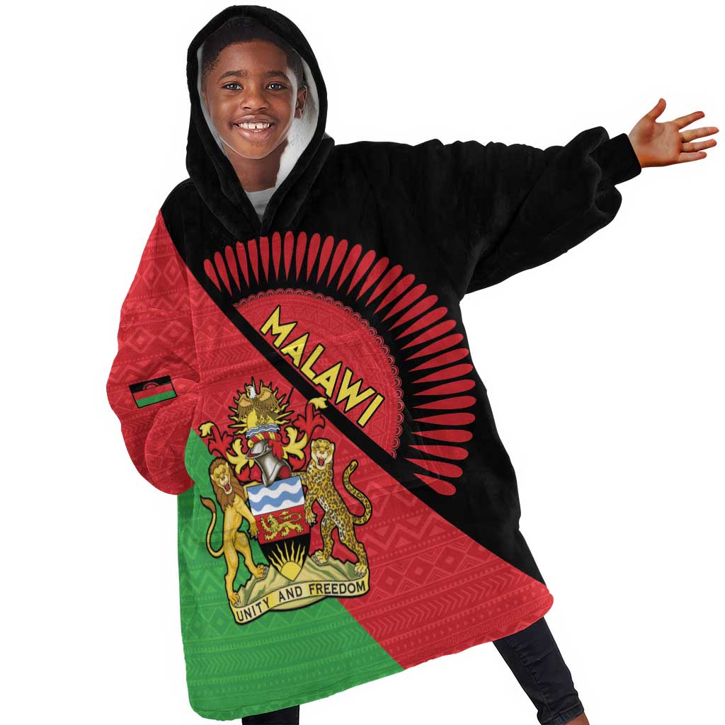 Personalized Afro Malawi Kid Wearable Blanket Hoodie Coat Of Arms - Southeastern Africa Pattern