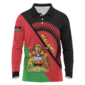 Personalized Afro Malawi Long Sleeve Polo Shirt Coat Of Arms - Southeastern Africa Pattern