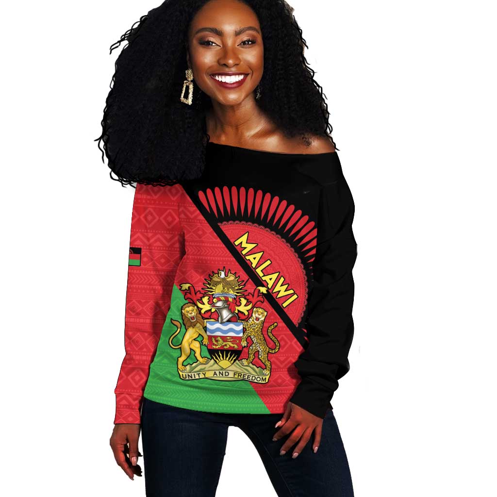 Personalized Afro Malawi Off Shoulder Sweater Coat Of Arms - Southeastern Africa Pattern