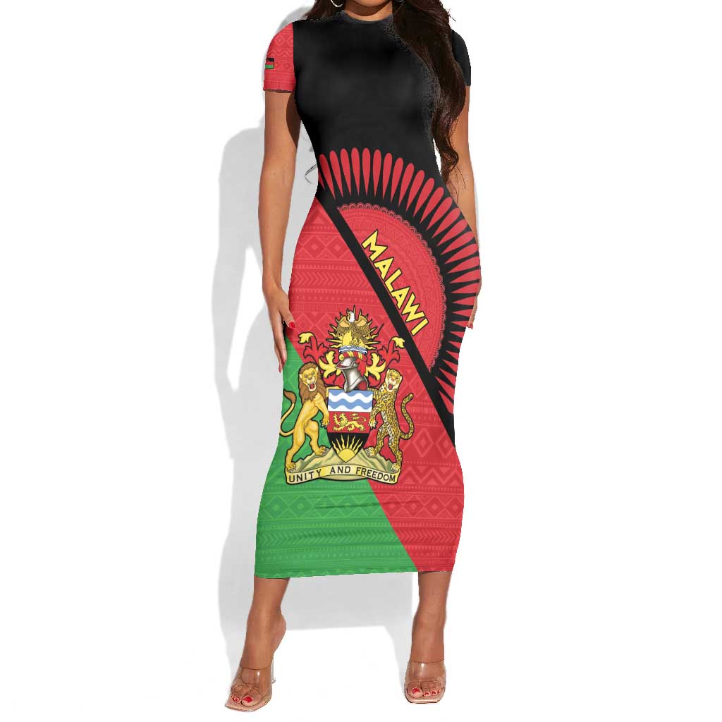 Personalized Afro Malawi Short Sleeve Bodycon Dress Coat Of Arms - Southeastern Africa Pattern