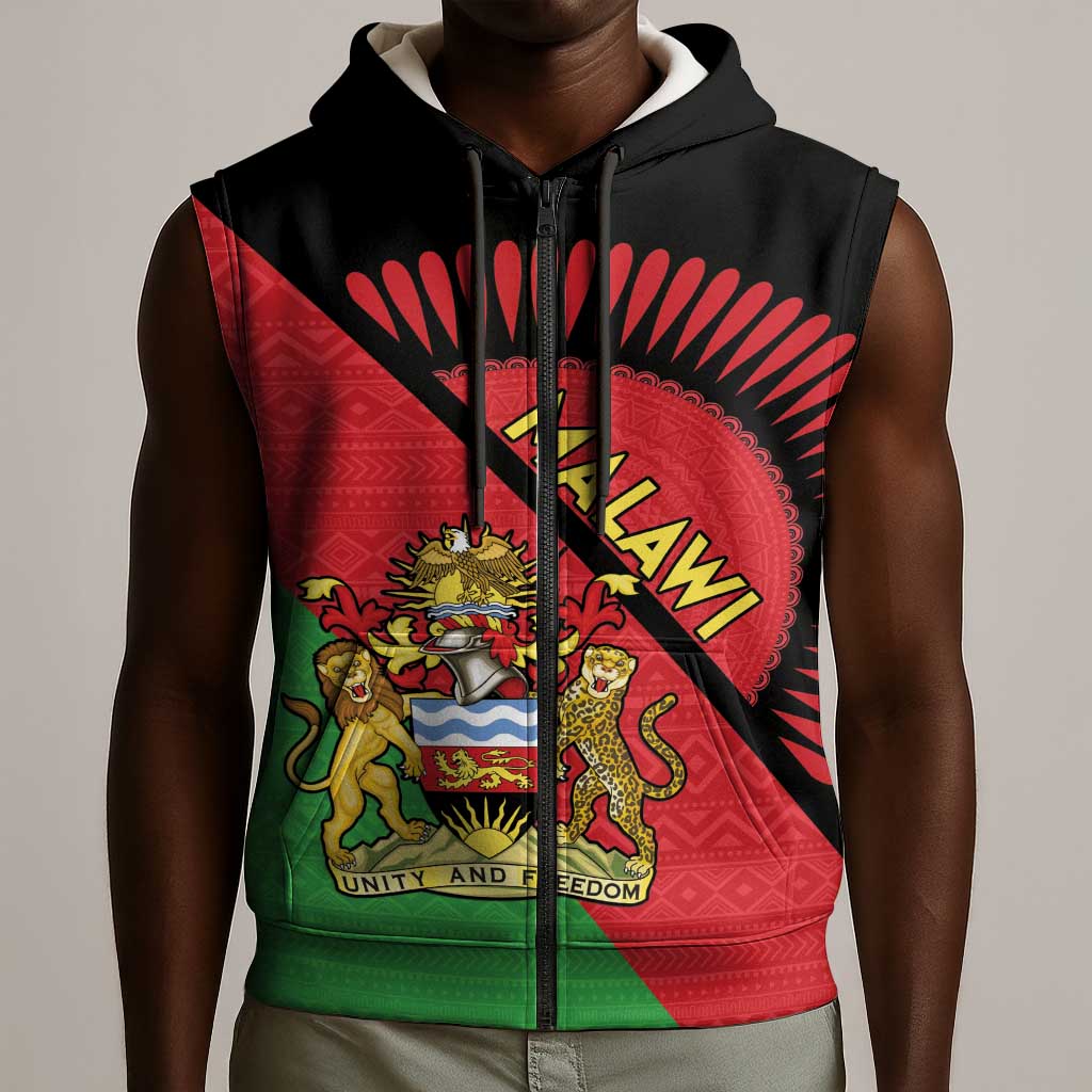 Personalized Afro Malawi Sleeveless Zip Hoodie Coat Of Arms - Southeastern Africa Pattern - African Pride