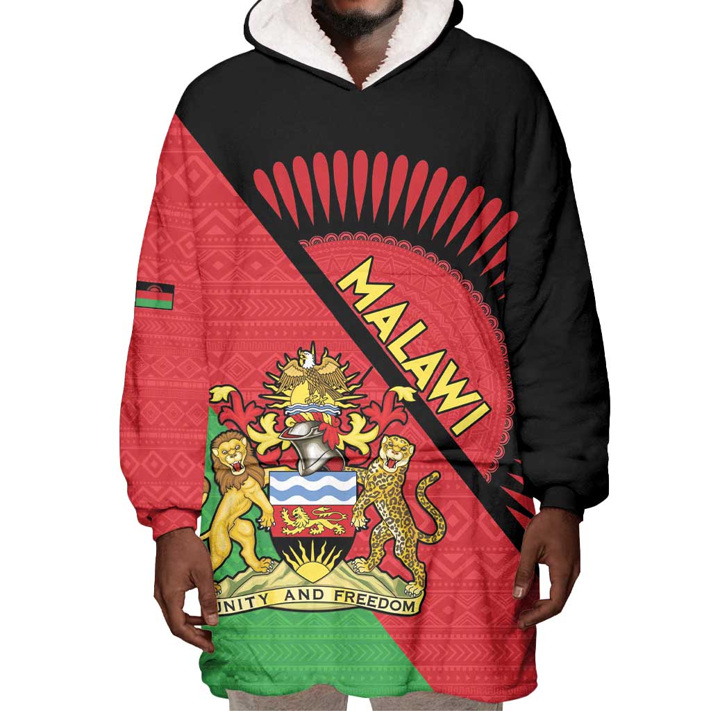 Personalized Afro Malawi Wearable Blanket Hoodie Coat Of Arms - Southeastern Africa Pattern