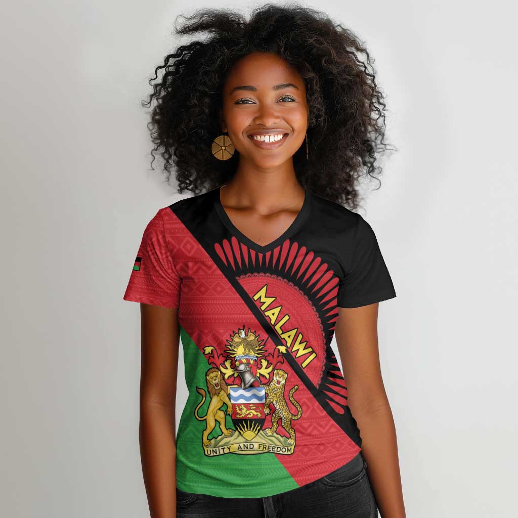 Personalized Afro Malawi Women V-Neck T-Shirt Coat Of Arms - Southeastern Africa Pattern