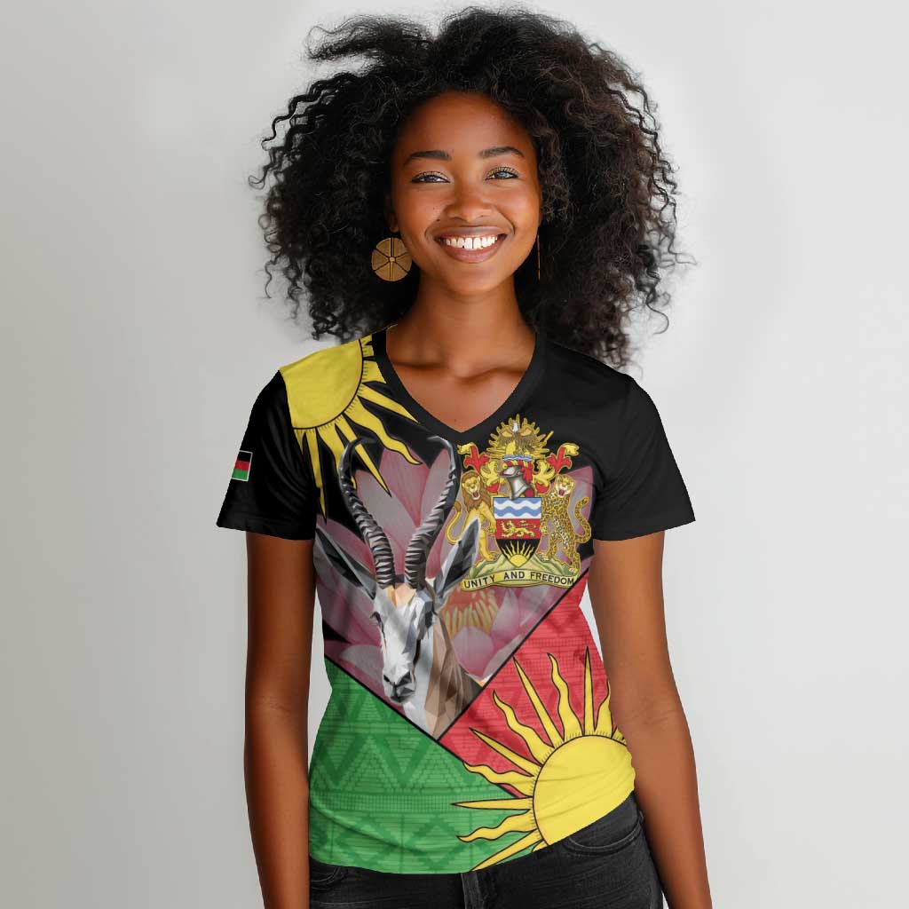 Personalized Africa Malawi Women V-Neck T-Shirt Thomsons Gazelle With Lotus