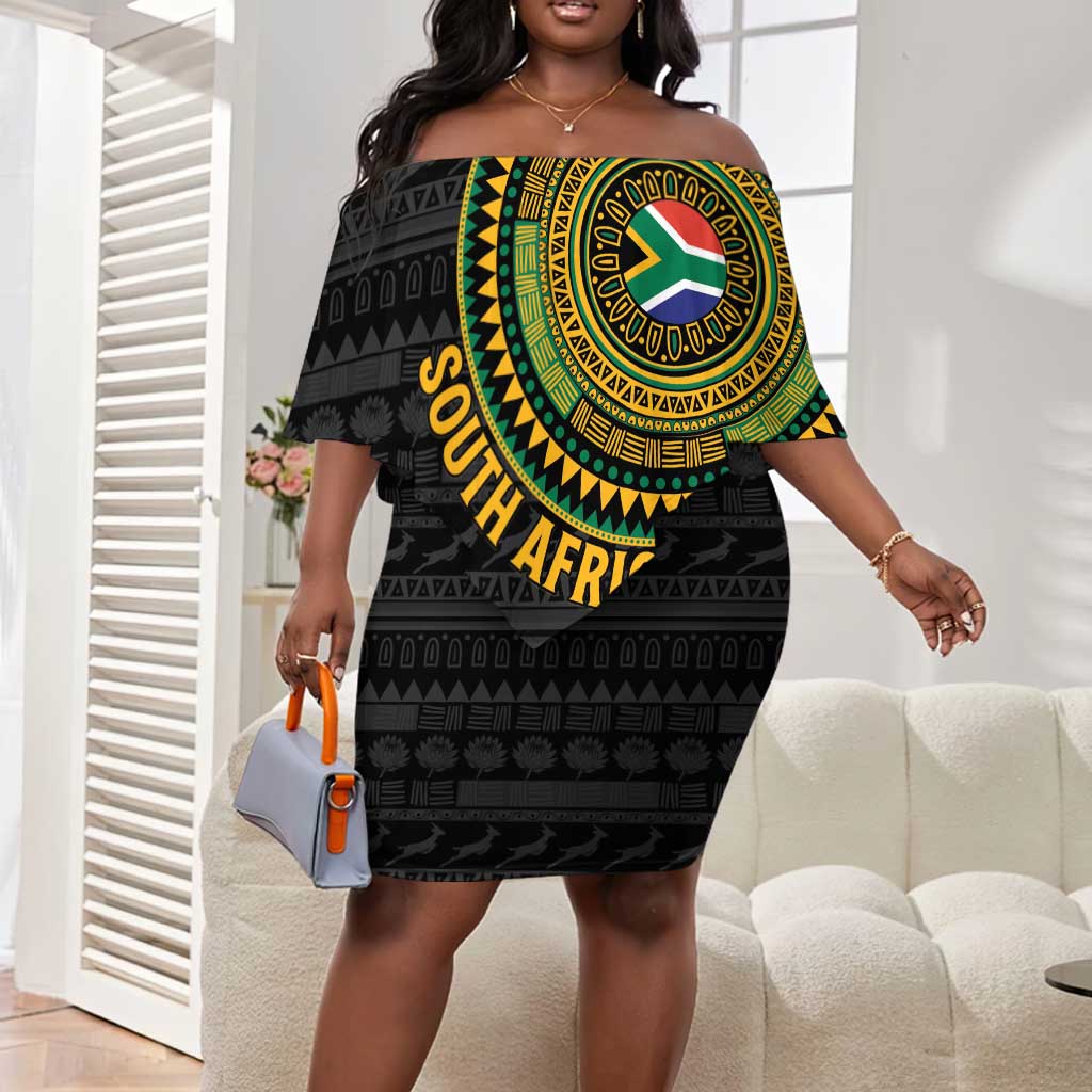 Personalised South Africa African Tribal Pattern Off Shoulder Short Dress Chest Arm Tattoo