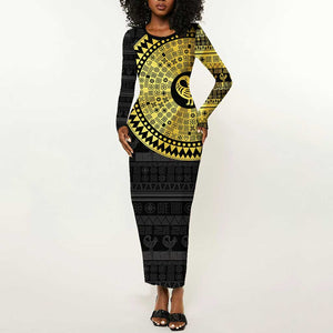 African Adinkra Long Sleeve Bodycon Dress Sankofa Bird - Gold Version - Chest Arm Tattoo LT15
