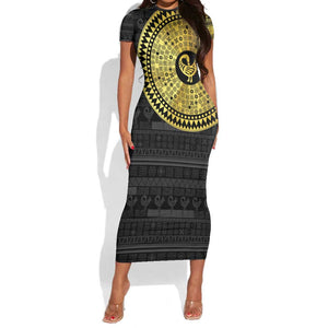 African Adinkra Short Sleeve Bodycon Dress Sankofa Bird - Gold Version - Chest Arm Tattoo LT15