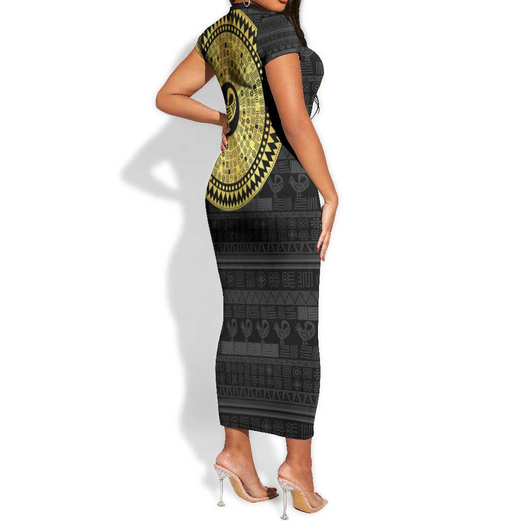 African Adinkra Short Sleeve Bodycon Dress Sankofa Bird - Gold Version - Chest Arm Tattoo LT15