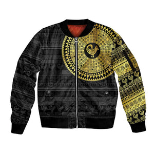 African Adinkra Sleeve Zip Bomber Jacket Sankofa Bird - Gold Version - Chest Arm Tattoo