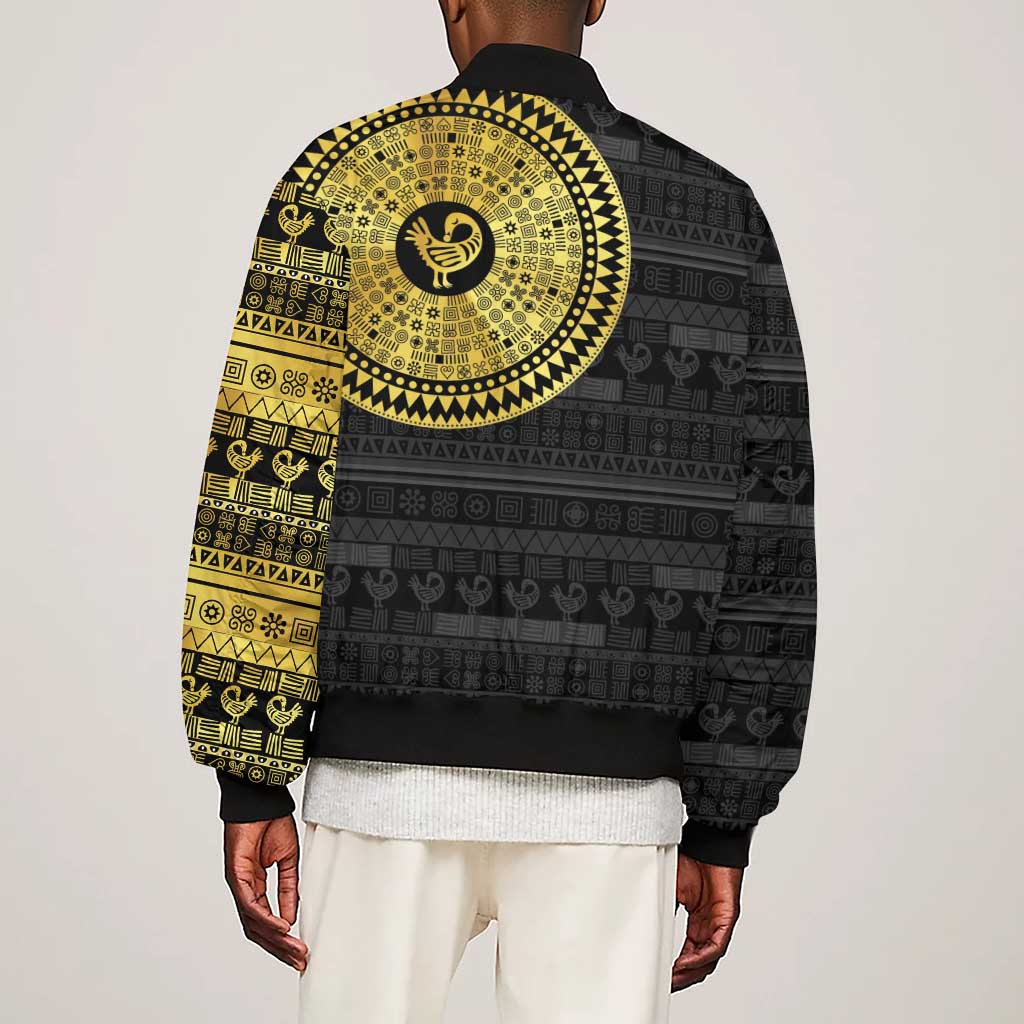 African Adinkra Sleeve Zip Bomber Jacket Sankofa Bird - Gold Version - Chest Arm Tattoo