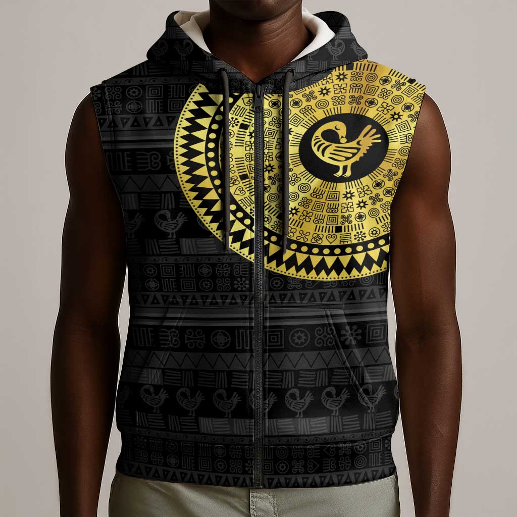 African Adinkra Sleeveless Zip Hoodie Sankofa Bird - Gold Version - Chest Arm Tattoo - African Pride