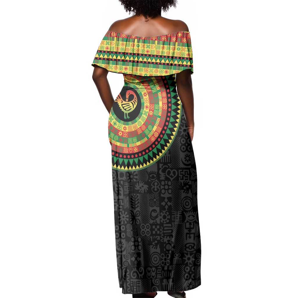 African Sankofa Bird Off Shoulder Maxi Dress Adinkra Symbols - Chest Arm Tattoo