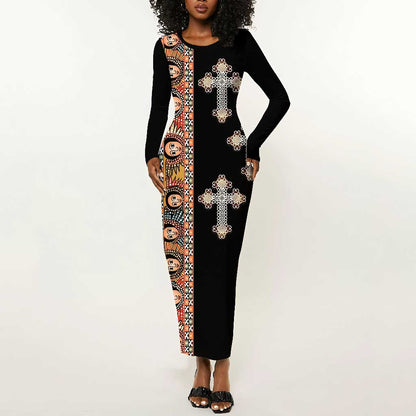 Ethiopia Angels Tilet With Cross Long Sleeve Bodycon Dress Black Color LT15