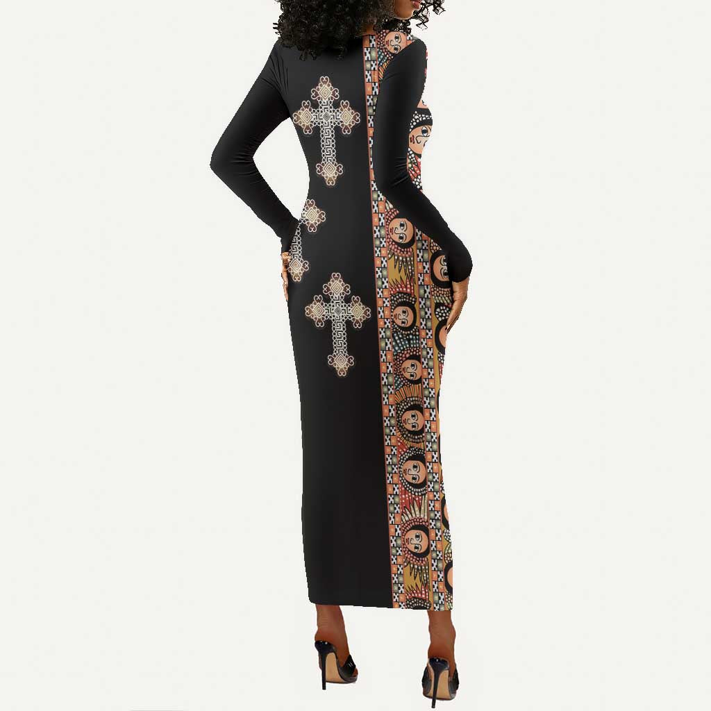 Ethiopia Angels Tilet With Cross Long Sleeve Bodycon Dress Black Color LT15