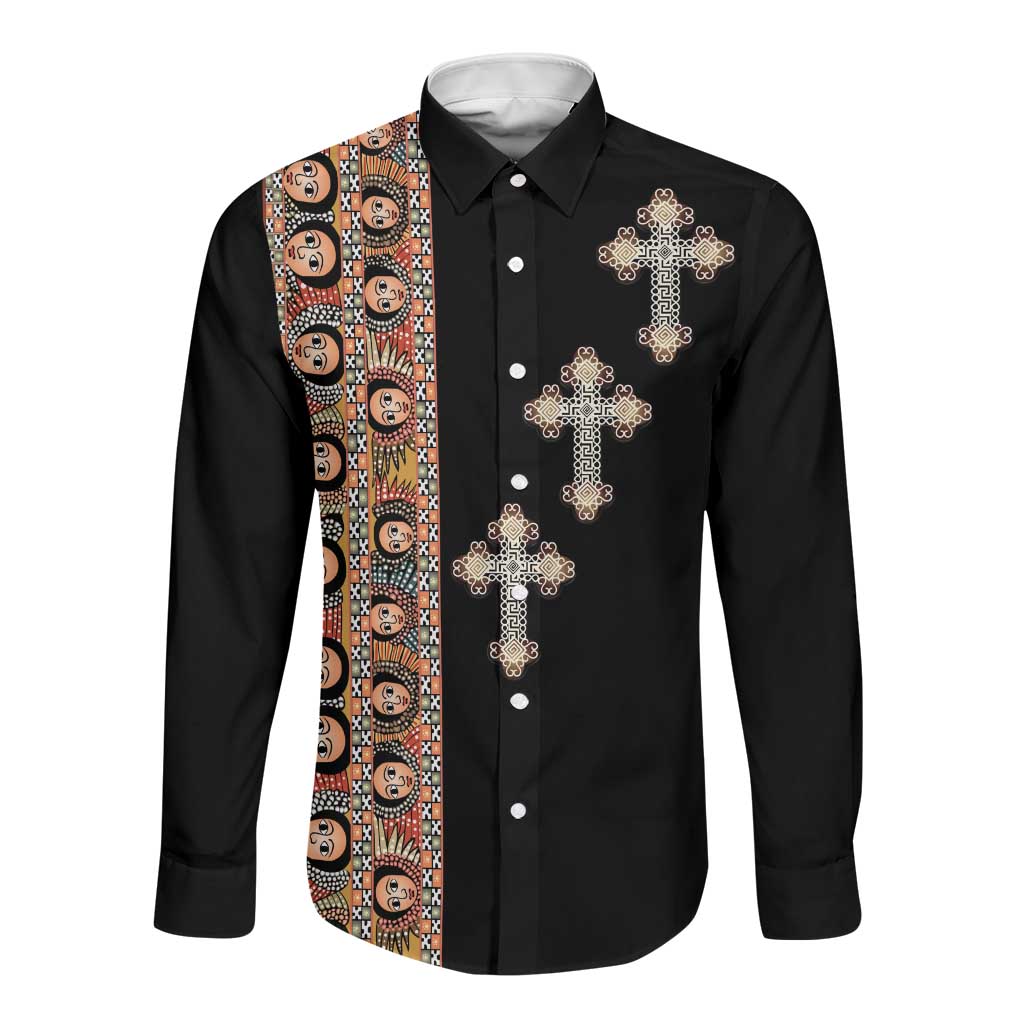 Ethiopia Angels Tilet With Cross Long Sleeve Button Shirt Black Color